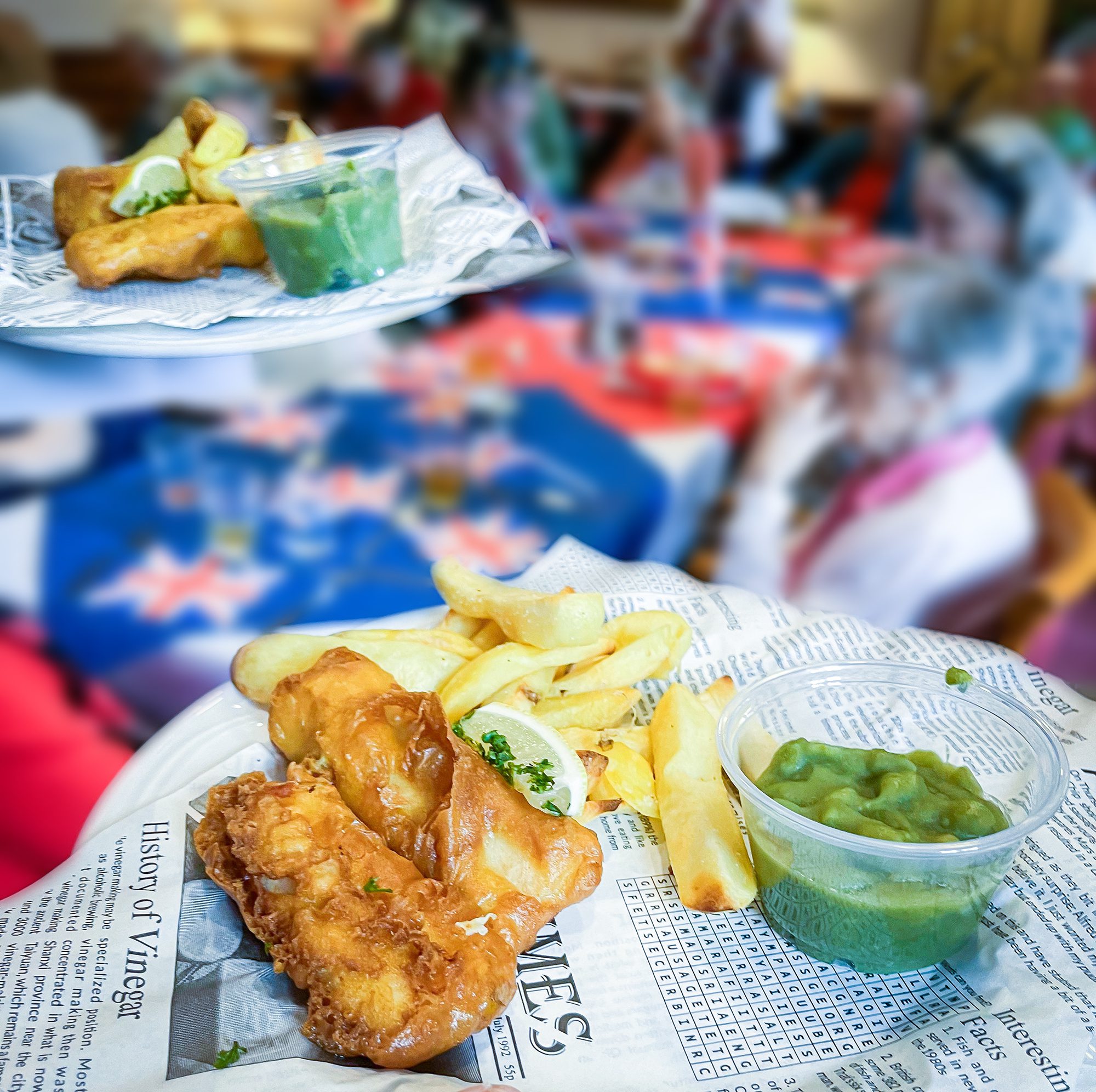 Fish and chips served on the day.