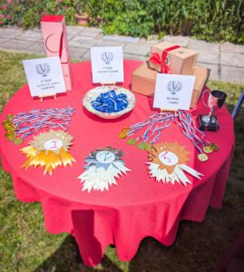 Rosettes and prize table. 