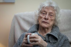 Winter Appeal - stock image of a woman looking sad whilst holding a mug. 