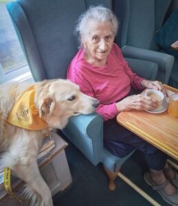 Visiting dog cuddling with a resident. 