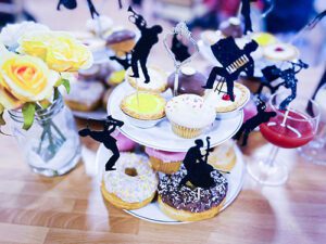 Cakes on a cake stand.